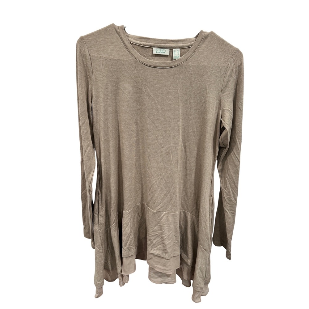 LOGO Beige Long Sleeve Tunic Top Women's XS Layered Hem Pockets